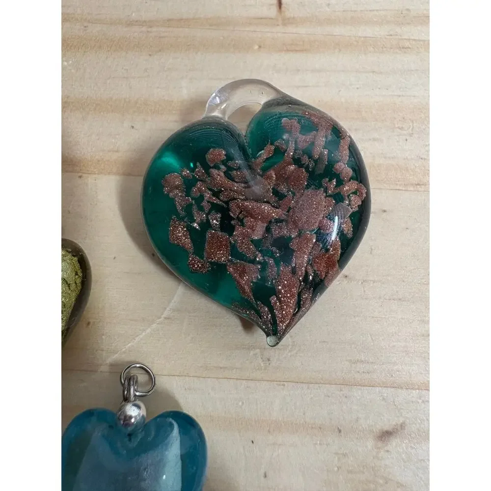 Glass Heart Pendant Charms Blue Green Yellow Set of 3 Vintage